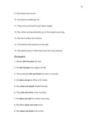 52
9. She knows how to knit.
10. He dared to challenge me.
11. They have promised to pay higher wages.
12. My mother and grandmother go to the temple every day.
13. My friend writes short stories.
14. He looked at the pictures on the wall.
15. Her performance in that movie won her many awards.
Answers
1. Shyam did not pass the test.
2. He did not give me a glass of milk.
3. The contractor did not finish the work in one day.
4. He does not go to office at 9 o’clock.
5. She does not speak English fluently.
6. They did not arrive in the morning.
7. He does not call his mother every day.
8. My father does not read much.
9. She does not know how to knit.
 
