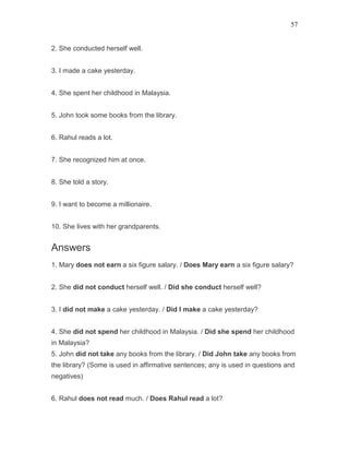 57
2. She conducted herself well.
3. I made a cake yesterday.
4. She spent her childhood in Malaysia.
5. John took some books from the library.
6. Rahul reads a lot.
7. She recognized him at once.
8. She told a story.
9. I want to become a millionaire.
10. She lives with her grandparents.
Answers
1. Mary does not earn a six figure salary. / Does Mary earn a six figure salary?
2. She did not conduct herself well. / Did she conduct herself well?
3. I did not make a cake yesterday. / Did I make a cake yesterday?
4. She did not spend her childhood in Malaysia. / Did she spend her childhood
in Malaysia?
5. John did not take any books from the library. / Did John take any books from
the library? (Some is used in affirmative sentences; any is used in questions and
negatives)
6. Rahul does not read much. / Does Rahul read a lot?
 