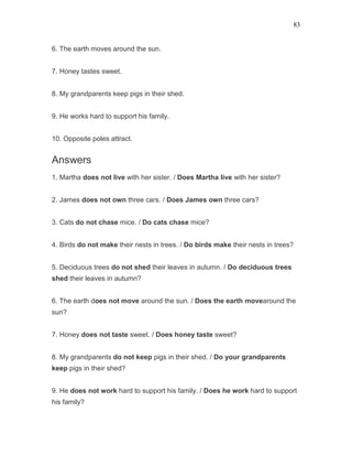 83
6. The earth moves around the sun.
7. Honey tastes sweet.
8. My grandparents keep pigs in their shed.
9. He works hard to support his family.
10. Opposite poles attract.
Answers
1. Martha does not live with her sister. / Does Martha live with her sister?
2. James does not own three cars. / Does James own three cars?
3. Cats do not chase mice. / Do cats chase mice?
4. Birds do not make their nests in trees. / Do birds make their nests in trees?
5. Deciduous trees do not shed their leaves in autumn. / Do deciduous trees
shed their leaves in autumn?
6. The earth does not move around the sun. / Does the earth movearound the
sun?
7. Honey does not taste sweet. / Does honey taste sweet?
8. My grandparents do not keep pigs in their shed. / Do your grandparents
keep pigs in their shed?
9. He does not work hard to support his family. / Does he work hard to support
his family?
 
