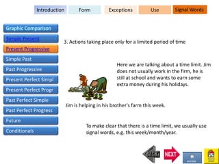 Here we are talking about a time limit. Jim
does not usually work in the firm, he is
still at school and wants to earn some
extra money during his holidays.
3. Actions taking place only for a limited period of time
Jim is helping in his brother's farm this week.
To make clear that there is a time limit, we usually use
signal words, e.g. this week/month/year.
FormIntroduction Exceptions Signal WordsUse
Graphic Comparison
Simple Present
Present Progressive
Simple Past
Past Progressive
Present Perfect Simpl
Present Perfect Progr
Past Perfect Simple
Past Perfect Progress
Future
Conditionals
 
