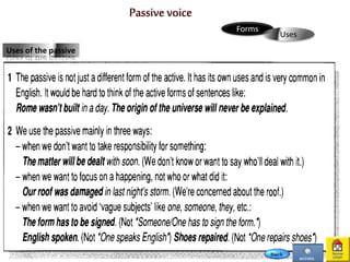 Forms
Uses
Uses of the passive
Passive voice
 