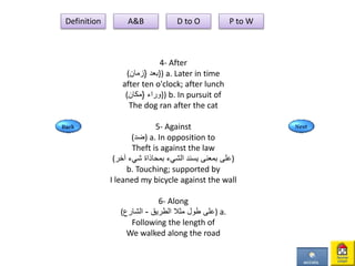 4- After
( ‫بعد‬{‫زمان‬ }) a. Later in time
after ten o'clock; after lunch
( ‫وراء‬{‫مكان‬ }) b. In pursuit of
The dog ran after the cat
5- Against
(‫)ضد‬ a. In opposition to
Theft is against the law
(‫آخر‬ ‫شيء‬ ‫بمحاذاة‬ ‫الشيء‬ ‫يسند‬ ‫بمعنى‬ ‫)على‬
b. Touching; supported by
I leaned my bicycle against the wall
6- Along
( ‫الطريق‬ ‫مثال‬ ‫طول‬ ‫على‬-‫الشارع‬ ) a.
Following the length of
We walked along the road
Definition A&B D to O P to W
 