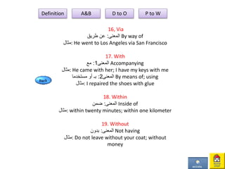 16, Via
‫المعنى‬:‫طريق‬ ‫عن‬ By way of
‫:مثال‬ He went to Los Angeles via San Francisco
17. With
‫المعنى‬1:‫مع‬ Accompanying
‫:مثال‬ He came with her; I have my keys with me
‫المعنى‬2:‫بـ‬‫مستخدما‬ ‫أو‬ By means of; using
‫:مثال‬ I repaired the shoes with glue
18. Within
‫المعنى‬:‫ضمن‬ Inside of
‫:مثال‬ within twenty minutes; within one kilometer
19. Without
‫المعنى‬:‫بدون‬ Not having
‫:مثال‬ Do not leave without your coat; without
money
Definition A&B D to O P to W
 