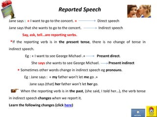 Jane says : « I want to go to the concert. » Direct speech
Jane says that she wants to go to the concert. Indirect speech
Say, ask, tell…are reporting verbs.
If the reporting verb is in the present tense, there is no change of tense in
indirect speech.
Eg : « I want to see George Michael .» Present direct.
She says she wants to see George Michael. Present indirect
Sometimes other words change in indirect speech eg pronouns.
Eg : Jane says : « my father won’t let me go .»
Jane says (that) her father won’t let her go.
When the reporting verb is in the past, (she said, I told her…), the verb tense
in indirect speech changes when we report it.
Learn the following changes (click here)
Reported Speech
 