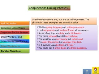 Conjunctions Linking Phrases
Use the conjunctions and, but and or to link phrases. The
phrases in these examples are printed in color.
We like going shopping and visiting museums.
I tell my parents and my best friend all my secrets.
Some of my toys are dirty and a bit broken.
The car is very old but still very reliable.
The weather was very sunny but rather cold.
I’m older than Anna but younger than Jack.
Is it quicker to go by train or by car?
You could call it a thin book or a thick magazine.
and, but and or
Parallel Structure
Conjunctions Linking Phrases
Conjunctions That Join Sentences
Other Words for and
Other Words Used for but
Other Words for or
 