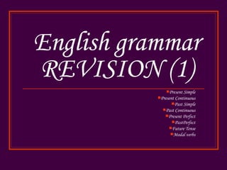 English grammar
REVISION (1)
               Present Simple
           PresentContinuous
                 Past Simple
             Past Continuous
              Present Perfect
                 PastPerfect
               Future Tense
                Modal verbs
 