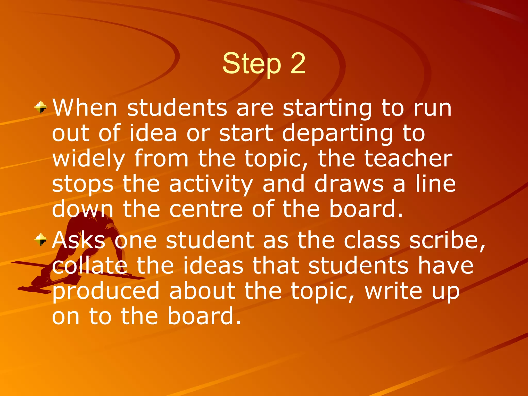 Step 2
When students are starting to run
out of idea or start departing to
widely from the topic, the teacher
stops the activity and draws a line
down the centre of the board.
Asks one student as the class scribe,
collate the ideas that students have
produced about the topic, write up
on to the board.
 