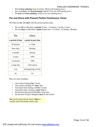 •
•
•

ENGLISH GRAMMAR, TENSES
We've been studying since 9 o'clock. [We're still studying now.]
How long have you been learning English? [You are still learning now.]
We have not been smoking. [And we are not smoking now.]

For and Since with Present Perfect Continuous Tense
We often use for and since with the present perfect tense.
•
•

We use for to talk about a period of time—5 minutes, 2 weeks, 6 years.
We use since to talk about a point in past time—9 o'clock, 1st January, Monday.

for

since

a period of time

a point in past time

20 minutes

6.15pm

three days

Monday

6 months

January

4 years

1994

2 centuries

1800

a long time

I left school

ever

the beginning of time

etc

etc

Here are some examples:
•
•
•
•
•
•

I have been studying for 3 hours.
I have been watching TV since 7pm.
Tara hasn't been feeling well for 2 weeks.
Tara hasn't been visiting us since March.
He has been playing football for a long time.
He has been living in Bangkok since he left school.

For can be used with all tenses. Since is
usually used with perfect tenses only.

Page 16 of 38
PDF created with pdfFactory Pro trial version www.pdffactory.com

 