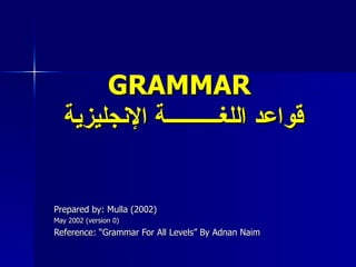 GRAMMAR   قواعد اللغــــــــــة الإنجليزية Prepared by: Mulla (2002) May 2002 (version 0) Reference: “Grammar For All Levels” By Adnan Naim 
