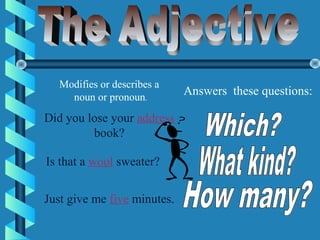 Modifies or describes a
noun or pronoun.
Is that a wool sweater?
Just give me five minutes.
Did you lose your address
book?
Answers these questions:
 
