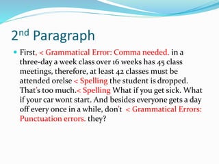 2nd Paragraph
 First, < Grammatical Error: Comma needed. in a
three-day a week class over 16 weeks has 45 class
meetings, therefore, at least 42 classes must be
attended orelse < Spelling the student is dropped.
That’s too much.< Spelling What if you get sick. What
if your car wont start. And besides everyone gets a day
off every once in a while, don’t < Grammatical Errors:
Punctuation errors. they?
 