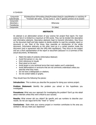 d. Condición

  Conjunción         If/Unless/Even if/Providing (that)/Provided (that)/In case/Whether or not/Only if*
Subordinada             *inversión del verbo , no hay coma si only if aparece primero en la oración
 Conjunción
 Adverbial y                                            Otherwise
Transitorios
 Conjunción                                              Or (else)

                                             ABSTRACTS

     An abstract is an abbreviated version of your science fair project final report. For most
     science fairs it is limited to a maximum of 250 words. They can be divided into descriptive
     and informative abstracts. Descriptive abstracts head to transmit information, they focus
     on the document itself and help readers to decide whether to read the complete report or
     document or not. Most of the times, they resemble an introduction of the whole
     document. Informative abstracts on the other hand go in a certain position inside the
     document (and in agreement with the UPEL-APA regulations). They focus on the subject
     and are a short representation of the report or document (because it is a summary of the
     actual document). All Abstracts:

               Match the table of contents (Informative Abstract)
               Avoid first person (I, me, my)
               Omit references to visuals
               Must stand on its own!
               Avoid jargon or any technical terms that most readers won't understand.
               Avoid abbreviations or acronyms that are not commonly understood unless you
               describe what they mean.
               Do not have a bibliography or citations.
               Do not contain tables or graphs.

     They should have the following five pieces:

     Introduction: This is where you describe the purpose for doing your science project.

     Problem Statement: Identify the problem you solved or the hypothesis you
     investigated.

     Procedures: What was your approach for investigating the problem? Don't go into detail
     about materials unless they were critical to your success.

     Results: What answer did you obtain? Be specific and use numbers to describe your
     results. Do not use vague terms like "most" or "some."

     Conclusions: State what your science project or invention contributes to the area you
     worked in. Did you meet your objectives?
 