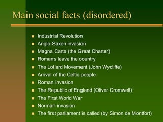 Main social facts (disordered)
 Industrial Revolution
 Anglo-Saxon invasion
 Magna Carta (the Great Charter)
 Romans leave the country
 The Lollard Movement (John Wycliffe)
 Arrival of the Celtic people
 Roman invasion
 The Republic of England (Oliver Cromwell)
 The First World War
 Norman invasion
 The first parliament is called (by Simon de Montfort)
 