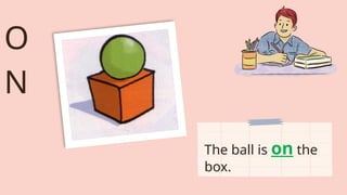 O
N
The ball is on the
box.
 