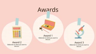 Awards
Award 2
Elaborate on what you want to
discuss.
Award 1
Elaborate on what you want to
discuss.
Award 3
Elaborate on what you want to
discuss.
 