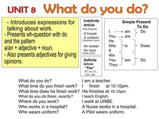 Indefinite
Article
Only Singular

A house
A uniform

Consonant sound

An eraser
An hour

Vowel sound

Definite
Article

“The”

I
You
He
She
It
We
You
They

Simple Present
To Do
am
Do
are
is

Does

are

Do

El, La, Lo,
Los, Las

What do you do?
I am a teacher.
What time do you finish work? I finish at 10:10pm.
What time does he finish work? He finishes at 10:10pm.
What do you do there, exactly?

I teach English.

Where do you work?
Who works in a hospital?
Who wears uniform?

I work at URBE.
A Nurse works in a hospital.
A Pilot wears uniform.

 