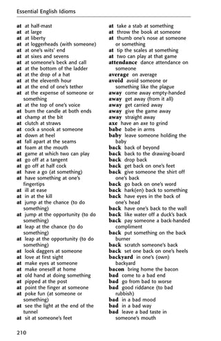 at at half-mast
at at large
at at liberty
at at loggerheads (with someone)
at at one’s wits’ end
at at sixes and sevens
at at someone’s beck and call
at at the bottom of the ladder
at at the drop of a hat
at at the eleventh hour
at at the end of one’s tether
at at the expense of someone or
something
at at the top of one’s voice
at burn the candle at both ends
at champ at the bit
at clutch at straws
at cock a snook at someone
at down at heel
at fall apart at the seams
at foam at the mouth
at game at which two can play
at go off at a tangent
at go off at half cock
at have a go (at something)
at have something at one’s
fingertips
at ill at ease
at in at the kill
at jump at the chance (to do
something)
at jump at the opportunity (to do
something)
at leap at the chance (to do
something)
at leap at the opportunity (to do
something)
at look daggers at someone
at love at first sight
at make eyes at someone
at make oneself at home
at old hand at doing something
at pipped at the post
at point the finger at someone
at poke fun (at someone or
something)
at see the light at the end of the
tunnel
at sit at someone’s feet
at take a stab at something
at throw the book at someone
at thumb one’s nose at someone
or something
at tip the scales at something
at two can play at that game
attendance dance attendance on
someone
average on average
avoid avoid someone or
something like the plague
away come away empty-handed
away get away (from it all)
away get carried away
away give the game away
away straight away
axe have an axe to grind
babe babe in arms
baby leave someone holding the
baby
back back of beyond
back back to the drawing-board
back drop back
back get back on one’s feet
back give someone the shirt off
one’s back
back go back on one’s word
back hark(en) back to something
back have eyes in the back of
one’s head
back have one’s back to the wall
back like water off a duck’s back
back pay someone a back-handed
compliment
back put something on the back
burner
back scratch someone’s back
back set one back on one’s heels
backyard in one’s (own)
backyard
bacon bring home the bacon
bad come to a bad end
bad go from bad to worse
bad good riddance (to bad
rubbish)
bad in a bad mood
bad in a bad way
bad leave a bad taste in
someone’s mouth
Essential English Idioms
210
 