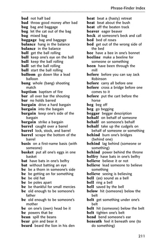bad not half bad
bad throw good money after bad
bag bag and baggage
bag let the cat out of the bag
bag mixed bag
baggage bag and baggage
balance hang in the balance
balance in the balance
ball get the ball rolling
ball keep one’s eye on the ball
ball keep the ball rolling
ball set the ball rolling
ball start the ball rolling
balloon go down like a lead
balloon
bang whole (bang) shooting
match
baptism baptism of fire
bar all over bar the shouting
bar no holds barred
bargain drive a hard bargain
bargain into the bargain
bargain keep one’s side of the
bargain
bargain strike a bargain
barrel caught over a barrel
barrel lock, stock, and barrel
barrel scrape the bottom of the
barrel
basis on a first-name basis (with
someone)
basket put all one’s eggs in one
basket
bat have bats in one’s belfry
bat without batting an eye
be be a thorn in someone’s side
be be getting on for something
be be old hat
be be poles apart
be be thankful for small mercies
be old enough to be someone’s
father
be old enough to be someone’s
mother
be on one’s (own) head be it
be powers that be
bean spill the beans
bear grin and bear it
beard beard the lion in his den
beat beat a (hasty) retreat
beat beat about the bush
beat off the beaten track
beaver eager beaver
beck at someone’s beck and call
bed bed of roses
bed get out of the wrong side of
the bed
bee have a bee in one’s bonnet
beeline make a beeline for
someone or something
been have been through the
mill
before before you can say Jack
Robinson
before carry all before one
before cross a bridge before one
comes to it
before put the cart before the
horse
beg beg off
beg go begging
beggar beggar description
behalf on behalf of someone
behalf on someone’s behalf
behalf take up the cudgels on
behalf of someone or something
behind burn one’s bridges
(behind one)
behind lag behind (someone or
something)
behind power behind the throne
belfry have bats in one’s belfry
believe believe it or not
believe lead someone to believe
something
believe seeing is believing
bell (as) sound as a bell
bell ring a bell
bell saved by the bell
below hit (someone) below the
belt
belt get something under one’s
belt
belt hit (someone) below the belt
belt tighten one’s belt
bend bend someone’s ear
beneath feel it beneath one (to
do something)
Phrase-Finder Index
211
 