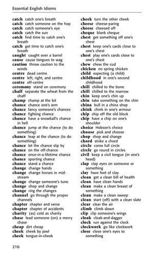 catch catch one’s breath
catch catch someone on the hop
catch catch someone’s eye
catch catch the sun
catch find time to catch one’s
breath
catch get time to catch one’s
breath
caught caught over a barrel
cause cause tongues to wag
caution throw caution to the
winds
centre dead centre
centre left, right, and centre
centre off-centre
ceremony stand on ceremony
chaff separate the wheat from the
chaff
champ champ at the bit
chance chance one’s arm
chance fancy someone’s chances
chance fighting chance
chance have a snowball’s chance
in hell
chance jump at the chance (to do
something)
chance leap at the chance (to do
something)
chance let the chance slip by
chance on the off-chance
chance once-in-a-lifetime chance
chance sporting chance
chance stand a chance
change change hands
change change horses in mid-
stream
change change someone’s tune
change chop and change
change ring the changes
channel go through the proper
channels
chapter chapter and verse
chapter chapter of accidents
charity (as) cold as charity
chase lead someone (on) a merry
chase
cheap dirt cheap
cheek cheek by jowl
cheek tongue-in-cheek
cheek turn the other cheek
cheese cheese-paring
cheese cheesed off
cheque blank cheque
chest get something off one’s
chest
chest keep one’s cards close to
one’s chest
chest play one’s cards close to
one’s chest
chew chew the cud
chicken no spring chicken
child expecting (a child)
childhood in one’s second
childhood
chill chilled to the bone
chill chilled to the marrow
chin keep one’s chin up
chin take something on the chin
china bull in a china shop
chink chink in one’s armour
chip chip off the old block
chip have a chip on one’s
shoulder
choice Hobson’s choice
choose pick and choose
chop chop and change
chord strike a chord
circle come full circle
circle go round in circles
civil keep a civil tongue (in one’s
head)
clap clap eyes on someone or
something
clay have feet of clay
clean get a clean bill of health
clean have clean hands
clean make a clean breast of
something
clean make a clean sweep
clean start (off) with a clean slate
clear clear the air
climb climb down
clip clip someone’s wings
cloak cloak-and-dagger
clock run against the clock
clockwork go like clockwork
close close one’s eyes to
something
Essential English Idioms
216
 