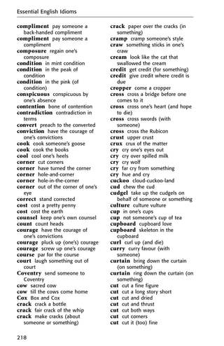 compliment pay someone a
back-handed compliment
compliment pay someone a
compliment
composure regain one’s
composure
condition in mint condition
condition in the peak of
condition
condition in the pink (of
condition)
conspicuous conspicuous by
one’s absence
contention bone of contention
contradiction contradiction in
terms
convert preach to the converted
conviction have the courage of
one’s convictions
cook cook someone’s goose
cook cook the books
cool cool one’s heels
corner cut corners
corner have turned the corner
corner hole-and-corner
corner hole-in-the-corner
corner out of the corner of one’s
eye
correct stand corrected
cost cost a pretty penny
cost cost the earth
counsel keep one’s own counsel
count count heads
courage have the courage of
one’s convictions
courage pluck up (one’s) courage
courage screw up one’s courage
course par for the course
court laugh something out of
court
Coventry send someone to
Coventry
cow sacred cow
cow till the cows come home
Cox Box and Cox
crack crack a bottle
crack fair crack of the whip
crack make cracks (about
someone or something)
crack paper over the cracks (in
something)
cramp cramp someone’s style
craw something sticks in one’s
craw
cream look like the cat that
swallowed the cream
credit get credit (for something)
credit give credit where credit is
due
cropper come a cropper
cross cross a bridge before one
comes to it
cross cross one’s heart (and hope
to die)
cross cross swords (with
someone)
cross cross the Rubicon
crust upper crust
crux crux of the matter
cry cry one’s eyes out
cry cry over spilled milk
cry cry wolf
cry far cry from something
cry hue and cry
cuckoo cloud-cuckoo-land
cud chew the cud
cudgel take up the cudgels on
behalf of someone or something
culture culture vulture
cup in one’s cups
cup not someone’s cup of tea
cupboard cupboard love
cupboard skeleton in the
cupboard
curl curl up (and die)
curry curry favour (with
someone)
curtain bring down the curtain
(on something)
curtain ring down the curtain (on
something)
cut cut a fine figure
cut cut a long story short
cut cut and dried
cut cut and thrust
cut cut both ways
cut cut corners
cut cut it (too) fine
Essential English Idioms
218
 