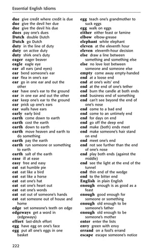 due give credit where credit is due
due give the devil her due
due give the devil his due
dues pay one’s dues
Dutch double Dutch
Dutch go Dutch
duty in the line of duty
duty on active duty
duty shirk one’s duty
eager eager beaver
eagle eagle eye
ear all ears (and eyes)
ear bend someone’s ear
ear flea in one’s ear
ear go in one ear and out the
other
ear have one’s ear to the ground
ear in one ear and out the other
ear keep one’s ear to the ground
ear prick up one’s ears
ear walls have ears
early early bird
earth come down to earth
earth cost the earth
earth down to earth
earth move heaven and earth to
do something
earth pay the earth
earth run someone or something
to earth
earth salt of the earth
ease ill at ease
easy free and easy
eat eat humble pie
eat eat like a bird
eat eat like a horse
eat eat one’s hat
eat eat one’s heart out
eat eat one’s words
eat eat out of someone’s hands
eat eat someone out of house and
home
edge set someone’s teeth on edge
edgeways get a word in
(edgeways)
effort last-ditch effort
egg have egg on one’s face
egg put all one’s eggs in one
basket
egg teach one’s grandmother to
suck eggs
egg walk on eggs
either either feast or famine
elbow elbow-grease
elephant white elephant
eleven at the eleventh hour
eleven eleventh-hour decision
else draw a line between
something and something else
else no love lost between
someone and someone else
empty come away empty-handed
end at a loose end
end at one’s wits’ end
end at the end of one’s tether
end burn the candle at both ends
end business end of something
end can’t see beyond the end of
one’s nose
end come to a bad end
end come to an untimely end
end for days on end
end go off the deep end
end make (both) ends meet
end make someone’s hair stand
on end
end meet one’s end
end not see further than the end
of one’s nose
end play both ends (against the
middle)
end see the light at the end of the
tunnel
end thin end of the wedge
end to the bitter end
English in plain English
enough enough is as good as a
feast
enough good enough for
someone or something
enough old enough to be
someone’s father
enough old enough to be
someone’s mother
enter enter the lists
envy green with envy
errand on a fool’s errand
escape escape someone’s notice
Essential English Idioms
222
 