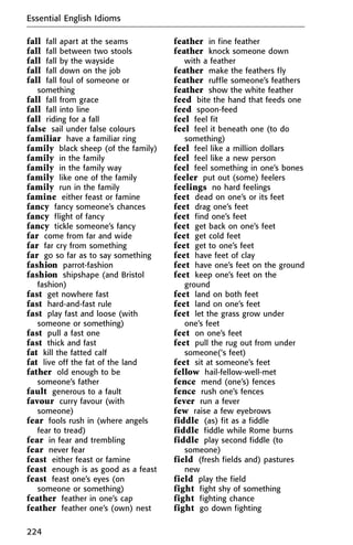 fall fall apart at the seams
fall fall between two stools
fall fall by the wayside
fall fall down on the job
fall fall foul of someone or
something
fall fall from grace
fall fall into line
fall riding for a fall
false sail under false colours
familiar have a familiar ring
family black sheep (of the family)
family in the family
family in the family way
family like one of the family
family run in the family
famine either feast or famine
fancy fancy someone’s chances
fancy flight of fancy
fancy tickle someone’s fancy
far come from far and wide
far far cry from something
far go so far as to say something
fashion parrot-fashion
fashion shipshape (and Bristol
fashion)
fast get nowhere fast
fast hard-and-fast rule
fast play fast and loose (with
someone or something)
fast pull a fast one
fast thick and fast
fat kill the fatted calf
fat live off the fat of the land
father old enough to be
someone’s father
fault generous to a fault
favour curry favour (with
someone)
fear fools rush in (where angels
fear to tread)
fear in fear and trembling
fear never fear
feast either feast or famine
feast enough is as good as a feast
feast feast one’s eyes (on
someone or something)
feather feather in one’s cap
feather feather one’s (own) nest
feather in fine feather
feather knock someone down
with a feather
feather make the feathers fly
feather ruffle someone’s feathers
feather show the white feather
feed bite the hand that feeds one
feed spoon-feed
feel feel fit
feel feel it beneath one (to do
something)
feel feel like a million dollars
feel feel like a new person
feel feel something in one’s bones
feeler put out (some) feelers
feelings no hard feelings
feet dead on one’s or its feet
feet drag one’s feet
feet find one’s feet
feet get back on one’s feet
feet get cold feet
feet get to one’s feet
feet have feet of clay
feet have one’s feet on the ground
feet keep one’s feet on the
ground
feet land on both feet
feet land on one’s feet
feet let the grass grow under
one’s feet
feet on one’s feet
feet pull the rug out from under
someone(‘s feet)
feet sit at someone’s feet
fellow hail-fellow-well-met
fence mend (one’s) fences
fence rush one’s fences
fever run a fever
few raise a few eyebrows
fiddle (as) fit as a fiddle
fiddle fiddle while Rome burns
fiddle play second fiddle (to
someone)
field (fresh fields and) pastures
new
field play the field
fight fight shy of something
fight fighting chance
fight go down fighting
Essential English Idioms
224
 