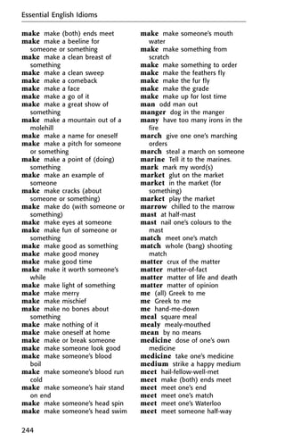 make make (both) ends meet
make make a beeline for
someone or something
make make a clean breast of
something
make make a clean sweep
make make a comeback
make make a face
make make a go of it
make make a great show of
something
make make a mountain out of a
molehill
make make a name for oneself
make make a pitch for someone
or something
make make a point of (doing)
something
make make an example of
someone
make make cracks (about
someone or something)
make make do (with someone or
something)
make make eyes at someone
make make fun of someone or
something
make make good as something
make make good money
make make good time
make make it worth someone’s
while
make make light of something
make make merry
make make mischief
make make no bones about
something
make make nothing of it
make make oneself at home
make make or break someone
make make someone look good
make make someone’s blood
boil
make make someone’s blood run
cold
make make someone’s hair stand
on end
make make someone’s head spin
make make someone’s head swim
make make someone’s mouth
water
make make something from
scratch
make make something to order
make make the feathers fly
make make the fur fly
make make the grade
make make up for lost time
man odd man out
manger dog in the manger
many have too many irons in the
fire
march give one one’s marching
orders
march steal a march on someone
marine Tell it to the marines.
mark mark my word(s)
market glut on the market
market in the market (for
something)
market play the market
marrow chilled to the marrow
mast at half-mast
mast nail one’s colours to the
mast
match meet one’s match
match whole (bang) shooting
match
matter crux of the matter
matter matter-of-fact
matter matter of life and death
matter matter of opinion
me (all) Greek to me
me Greek to me
me hand-me-down
meal square meal
mealy mealy-mouthed
mean by no means
medicine dose of one’s own
medicine
medicine take one’s medicine
medium strike a happy medium
meet hail-fellow-well-met
meet make (both) ends meet
meet meet one’s end
meet meet one’s match
meet meet one’s Waterloo
meet meet someone half-way
Essential English Idioms
244
 