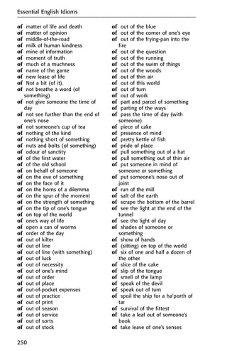 of matter of life and death
of matter of opinion
of middle-of-the-road
of milk of human kindness
of mine of information
of moment of truth
of much of a muchness
of name of the game
of new lease of life
of Not a bit (of it).
of not breathe a word (of
something)
of not give someone the time of
day
of not see further than the end of
one’s nose
of not someone’s cup of tea
of nothing of the kind
of nothing short of something
of nuts and bolts (of something)
of odour of sanctity
of of the first water
of of the old school
of on behalf of someone
of on the eve of something
of on the face of it
of on the horns of a dilemma
of on the spur of the moment
of on the strength of something
of on the tip of one’s tongue
of on top of the world
of one’s way of life
of open a can of worms
of order of the day
of out of kilter
of out of line
of out of line (with something)
of out of luck
of out of necessity
of out of one’s mind
of out of order
of out of place
of out-of-pocket expenses
of out of practice
of out of print
of out of season
of out of service
of out of sorts
of out of stock
of out of the blue
of out of the corner of one’s eye
of out of the frying-pan into the
fire
of out of the question
of out of the running
of out of the swim of things
of out of the woods
of out of thin air
of out of this world
of out of turn
of out of work
of part and parcel of something
of parting of the ways
of pass the time of day (with
someone)
of piece of cake
of presence of mind
of pretty kettle of fish
of pride of place
of pull something out of a hat
of pull something out of thin air
of put someone in mind of
someone or something
of put someone’s nose out of
joint
of run of the mill
of salt of the earth
of scrape the bottom of the barrel
of see the light at the end of the
tunnel
of see the light of day
of shades of someone or
something
of show of hands
of (sitting) on top of the world
of six of one and half a dozen of
the other
of slice of the cake
of slip of the tongue
of smell of the lamp
of speak of the devil
of speak out of turn
of spoil the ship for a ha’porth of
tar
of survival of the fittest
of take a leaf out of someone’s
book
of take leave of one’s senses
Essential English Idioms
250
 