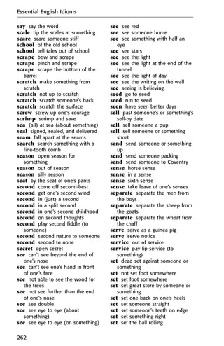 say say the word
scale tip the scales at something
scare scare someone stiff
school of the old school
school tell tales out of school
scrape bow and scrape
scrape pinch and scrape
scrape scrape the bottom of the
barrel
scratch make something from
scratch
scratch not up to scratch
scratch scratch someone’s back
scratch scratch the surface
screw screw up one’s courage
scrimp scrimp and save
sea (all) at sea (about something)
seal signed, sealed, and delivered
seam fall apart at the seams
search search something with a
fine-tooth comb
season open season for
something
season out of season
season silly season
seat by the seat of one’s pants
second come off second-best
second get one’s second wind
second in (just) a second
second in a split second
second in one’s second childhood
second on second thoughts
second play second fiddle (to
someone)
second second nature to someone
second second to none
secret open secret
see can’t see beyond the end of
one’s nose
see can’t see one’s hand in front
of one’s face
see not able to see the wood for
the trees
see not see further than the end
of one’s nose
see see double
see see eye to eye (about
something)
see see eye to eye (on something)
see see red
see see someone home
see see something with half an
eye
see see stars
see see the light
see see the light at the end of the
tunnel
see see the light of day
see see the writing on the wall
see seeing is believing
seed go to seed
seed run to seed
seen have seen better days
sell past someone’s or something’s
sell-by date
sell sell someone a pup
sell sell someone or something
short
send send someone or something
up
send send someone packing
send send someone to Coventry
sense horse sense
sense in a sense
sense sixth sense
sense take leave of one’s senses
separate separate the men from
the boys
separate separate the sheep from
the goats
separate separate the wheat from
the chaff
serve serve as a guinea pig
serve serve notice
service out of service
service pay lip-service (to
something)
set dead set against someone or
something
set not set foot somewhere
set set foot somewhere
set set great store by someone or
something
set set one back on one’s heels
set set someone straight
set set someone’s teeth on edge
set set something right
set set the ball rolling
Essential English Idioms
262
 