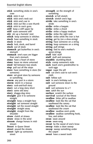 stick something sticks in one’s
craw
stick stick it out
stick stick one’s neck out
stick stick one’s oar in
stick stick out like a sore thumb
stick stick to one’s guns
stiff keep a stiff upper lip
stiff scare someone stiff
stir stir up a hornets’ nest
stitch keep someone in stitches
stock have something in stock
stock in stock
stock lock, stock, and barrel
stock out of stock
stomach get butterflies in one’s
stomach
stomach one’s eyes are bigger
than one’s stomach
stone have a heart of stone
stone leave no stone unturned
stool fall between two stools
stop pull out all the stops
store have something in store (for
someone)
store set great store by someone
or something
storm any port in a storm
storm storm in a teacup
story cock-and-bull story
story cut a long story short
story same old story
story shaggy-dog story
straight give it to someone
straight
straight keep a straight face
straight set someone straight
straight set the record straight
straight straight away
straight straight from the
shoulder
straw clutch at straws
straw straw in the wind
stream change horses in mid-
stream
Street in Queer Street
street pound the streets
street right up someone’s
street
strength on the strength of
something
stretch at full stretch
stretch stretch one’s legs
stride take something in one’s
stride
strike strike a bargain
strike strike a chord
strike strike a happy medium
strike strike the right note
strike strike while the iron is hot
string get by (on a shoe-string)
string have someone on a string
string keep someone on a string
string pull strings
string tied to one’s mother’s
apron-strings
stuff kids’ stuff
stuff stuff and nonsense
stumble stumbling-block
style cramp someone’s style
suck teach one’s grandmother to
suck eggs
sugar sugar the pill
suit cut one’s coat to suit one’s
cloth
suit follow suit
suit in one’s birthday suit
suit suit someone down to the
ground
suit suit someone to a T
sun catch the sun
surface scratch the surface
survival survival of the fittest
swallow bitter pill to swallow
swallow look like the cat that
swallowed the canary
swallow look like the cat that
swallowed the cream
swallow swallow one’s pride
swallow swallow something hook,
line, and sinker
swan swan around
swan swan-song
sweat by the sweat of one’s brow
sweep make a clean sweep
sweep sweep something under
the carpet
sweet have a sweet tooth
Essential English Idioms
266
 