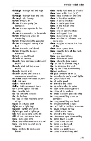through through hell and high
water
through through thick and thin
through win through
throw throw a fit
throw throw a party (for
someone)
throw throw a spanner in the
works
throw throw caution to the winds
throw throw cold water on
something
throw throw down the gauntlet
throw throw good money after
bad
throw throw in one’s hand
throw throw the book at
someone
thrust cut and thrust
thumb all thumbs
thumb have someone under one’s
thumb
thumb stick out like a sore
thumb
thumb thumb a lift
thumb thumb one’s nose at
someone or something
thunder steal someone’s thunder
tick tick over
ticket return ticket
tickle tickle someone’s fancy
tide swim against the tide
tide turn the tide
tie tie someone in knots
tie tie the knot
tie tied to one’s mother’s apron-
strings
tight in a (tight) spot
tight run a tight ship
tighten tighten one’s belt
tightrope walk a tightrope
till have one’s hand in the till
till till the cows come home
time bide one’s time
time every time one turns around
time find time to catch one’s
breath
time get time to catch one’s
breath
time hardly have time to breathe
time have a thin time (of it)
time have the time of one’s life
time in less than no time
time in one’s own time
time in one’s spare time
time in the nick of time
time kill time
time live on borrowed time
time make good time
time make up for lost time
time not able to call one’s time
one’s own
time not give someone the time
of day
time once upon a time
time pass the time of day (with
someone)
time race against time
time time out of mind
time when the time is ripe
tip on the tip of one’s tongue
tip tip someone the wink
tip tip the scales at something
tiptoe on tiptoe
tit give someone tit for tat
to according to one’s (own) lights
to (all) Greek to me
to all to the good
to armed to the teeth
to as a duck takes to water
to back to the drawing-board
to bitter pill to swallow
to break the news (to someone)
to bring something home to
someone
to bring something to a head
to bring something to light
to can’t hold a candle to someone
to cause tongues to wag
to chilled to the bone
to chilled to the marrow
to close one’s eyes to something
to come down to earth
to come home to roost
to come to a bad end
to come to a head
to come to a pretty pass
to come to an untimely end
Phrase-Finder Index
269
 