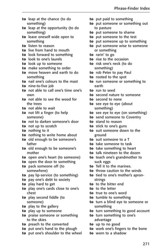 to leap at the chance (to do
something)
to leap at the opportunity (to do
something)
to leave oneself wide open to
something
to listen to reason
to live from hand to mouth
to look forward to something
to look to one’s laurels
to look up to someone
to make something to order
to move heaven and earth to do
something
to nail one’s colours to the mast
to nine-to-five job
to not able to call one’s time one’s
own
to not able to see the wood for
the trees
to not able to wait
to not lift a finger (to help
someone)
to not to darken someone’s door
to not up to scratch
to nothing to it
to nothing to write home about
to old enough to be someone’s
father
to old enough to be someone’s
mother
to open one’s heart (to someone)
to open the door to something
to pack someone off (to
somewhere)
to pay lip-service (to something)
to pay one’s debt to society
to play hard to get
to play one’s cards close to one’s
chest
to play second fiddle (to
someone)
to play to the gallery
to play up to someone
to praise someone or something
to the skies
to preach to the converted
to put one’s hand to the plough
to put one’s shoulder to the wheel
to put paid to something
to put someone or something out
to pasture
to put someone to shame
to put someone to the test
to put someone up to something
to put someone wise to someone
or something
to rarin’ to go
to rise to the occasion
to risk one’s neck (to do
something)
to rob Peter to pay Paul
to rooted to the spot
to run someone or something to
earth
to run to seed
to second nature to someone
to second to none
to see eye to eye (about
something)
to see eye to eye (on something)
to send someone to Coventry
to stand to reason
to stick to one’s guns
to suit someone down to the
ground
to suit someone to a T
to take someone to task
to take something to heart
to talk nineteen to the dozen
to teach one’s grandmother to
suck eggs
to Tell it to the marines.
to throw caution to the winds
to tied to one’s mother’s apron-
strings
to to the bitter end
to to the letter
to true to one’s word
to tumble to something
to turn a blind eye to someone or
something
to turn something to good account
to turn something to one’s
advantage
to up to no good
to work one’s fingers to the bone
to worn to a shadow
Phrase-Finder Index
271
 