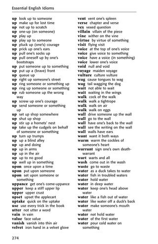 up look up to someone
up make up for lost time
up not up to scratch
up one-up (on someone)
up play up
up play up to someone
up pluck up (one’s) courage
up prick up one’s ears
up pull one’s socks up
up pull oneself up by one’s
bootstraps
up put someone up to something
up put up a (brave) front
up queue up
up right up someone’s street
up ring someone or something up
up ring up someone or something
up rub someone up the wrong
way
up screw up one’s courage
up send someone or something
up
up set up shop somewhere
up shut up shop
up stir up a hornets’ nest
up take up the cudgels on behalf
of someone or something
up turn up trumps
up up a blind alley
up up and doing
up up in arms
up up in the air
up up to no good
up well up in something
upon once upon a time
upon put upon someone
upon set upon someone or
something
uppance get one’s come-uppance
upper keep a stiff upper lip
upper upper crust
upset upset the applecart
uptake quick on the uptake
use use every trick in the book
utter not utter a word
vain in vain
value face value
vanish vanish into thin air
velvet iron hand in a velvet glove
vent vent one’s spleen
verse chapter and verse
vex vexed question
villain villain of the piece
vine wither on the vine
virtue by virtue of something
visit flying visit
voice at the top of one’s voice
voice give voice to something
voice have a voice (in something)
voice lower one’s voice
void null and void
voyage maiden voyage
vulture culture vulture
wag cause tongues to wag
wag tail wagging the dog
wait not able to wait
wait waiting in the wings
walk cock of the walk
walk walk a tightrope
walk walk on air
walk walk on eggs
wall drive someone up the wall
wall go to the wall
wall have one’s back to the wall
wall see the writing on the wall
wall walls have ears
want want it both ways
warm warm the cockles of
someone’s heart
warrant sign one’s own death-
warrant
wart warts and all
wash come out in the wash
waste go to waste
water as a duck takes to water
water fish in troubled waters
water hold water
water in deep water
water keep one’s head above
water
water like a fish out of water
water like water off a duck’s back
water make someone’s mouth
water
water not hold water
water of the first water
water pour cold water on
something
Essential English Idioms
274
 