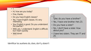 • 1.
• Hi, how are you today?
• Fine, thanks.
• Do you have English classes?
• Yes, I have English classes. It's very
interesting.
• Your English is good. Do you understand
the teacher?
• Well, yes, I understand. English is difficult,
but I learn quickly.
• Well done!
-----
• 2.
Tyler, do you have a brother?
• Yes, I have one brother. He's 23.
• Do you have a sister?
• No, I don't have a sister. How
about you?
• I have two sisters. They are 17 and
20.
-----
Identificar los auxiliares do, does, don’t y doesn’t
 