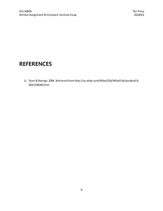 ELG 30605 Tan Yincy 
Written Assignment 01 Compare-Contrast Essay 0318355 
6 
REFERENCES 
1) Stam & Raengo. 2004. Retrieved from http://as.wiley.com/WileyCDA/WileyTitle/productCd- 
0631230548.html 
