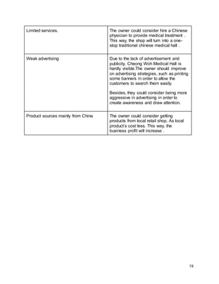 19
Limited services. The owner could consider hire a Chinese
physician to provide medical treatment .
This way, the shop will turn into a one-
stop traditional chinese medical hall .
Weak advertising Due to the lack of advertisement and
publicity, Cheong Woh Medical Hall is
hardly visible.The owner should improve
on advertising strategies, such as printing
some banners in order to allow the
customers to search them easily.
Besides, they could consider being more
aggressive in advertising in order to
create awareness and draw attention.
Product sources mainly from China The owner could consider getting
products from local retail shop. As local
product’s cost less. This way, the
business profit will increase .
 