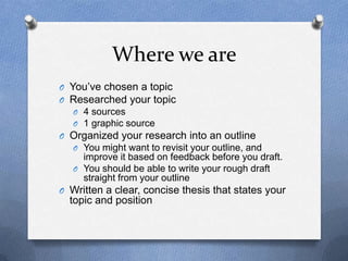 Where we are
O You’ve chosen a topic
O Researched your topic
O 4 sources
O 1 graphic source
O Organized your research into an outline
O You might want to revisit your outline, and
improve it based on feedback before you draft.
O You should be able to write your rough draft
straight from your outline
O Written a clear, concise thesis that states your
topic and position
 