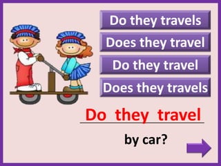 Do they travels
Does they travels
Does they travel
_____________________________________________
by car?
Do they travel
Do they travel
 