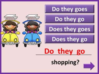 Do they goes
Does they go
_____________________________________________
shopping?
Do they go
Do they go
Does they goes
 