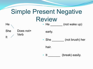 Simple Present Negative
Review
• He _______ (not wake up)
early.
• She _______ (not brush) her
hair.
• It _______ (break) easily.
He
She
It
Does not+
Verb
 