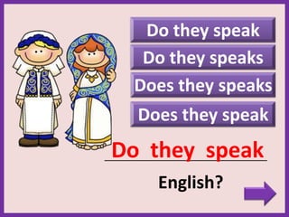 Do they speaks
Does they speak
_____________________________________________
English?
Do they speak
Do they speak
Does they speaks
 