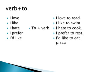  I love
 I like
 I hate
 I prefer
 I’d like
 To + verb
 I love to read.
 I like to swim.
 I hate to cook.
 I prefer to rest.
 I’d like to eat
pizza
 