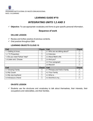 PROGRAMA INSTITUCIONAL DE INGLÉS COMUNICACIONAL
NIVEL I B-LEARNING
LEARNING GUIDE Nº10
INTEGRATING UNITS 1,2 AND 3
 Objective: To use appropriate vocabulary and forms to give specific personal information.
Sequence of work
ON-LINE LESSON
 Review and further practice of previous contents.
 Oral practice throughout Q&A
LEARNING OBJECTS CLOUD 10
Cell Check Cell Check
1.1 Getting to know…  2.1 Who are we talking about? 
1.2 TV Presenters  2.2 Interview 
1.3 Do you need Farkas’ help?  2.3 About Mark’s life. 
1.4 Listen and Choose  2.4 And you? 
2.5 Your paragraph 
2.6 Record! 
Cell Check Cell Check
3.1 Growing Family  4.1 Phineas and Ferb’s Family 
3.2 My Cousin  4.2 Your Family 
3.3 My new boyfriend  4.3 S/he is… 
3.4 Introduce a friend  4.4 And this is my… 
ON-SITE LESSON
 Students use the structures and vocabulary to talk about themselves, their interests, their
occupations and nationalities, and their families.
 