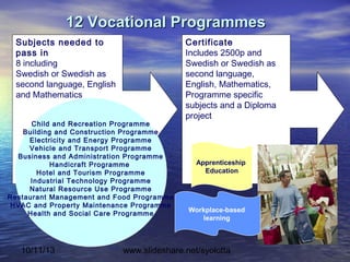 10/11/13 www.slideshare.net/syolotta
12 Vocational Programmes12 Vocational Programmes
Subjects needed to
pass in
8 including
Swedish or Swedish as
second language, English
and Mathematics
Certificate
Includes 2500p and
Swedish or Swedish as
second language,
English, Mathematics,
Programme specific
subjects and a Diploma
project
Child and Recreation Programme
Building and Construction Programme
Electricity and Energy Programme
Vehicle and Transport Programme
Business and Administration Programme
Handicraft Programme
Hotel and Tourism Programme
Industrial Technology Programme
Natural Resource Use Programme
Restaurant Management and Food Programme
HVAC and Property Maintenance Programme
Health and Social Care Programme
Apprenticeship
Education
Workplace-based
learning
 