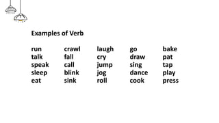 Examples of Verb
run crawl laugh go bake
talk fall cry draw pat
speak call jump sing tap
sleep blink jog dance play
eat sink roll cook press
 