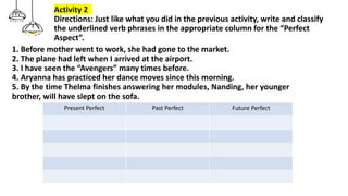 1. Before mother went to work, she had gone to the market.
2. The plane had left when I arrived at the airport.
3. I have seen the “Avengers” many times before.
4. Aryanna has practiced her dance moves since this morning.
5. By the time Thelma finishes answering her modules, Nanding, her younger
brother, will have slept on the sofa.
Activity 2
Directions: Just like what you did in the previous activity, write and classify
the underlined verb phrases in the appropriate column for the “Perfect
Aspect”.
Present Perfect Past Perfect Future Perfect
 