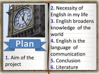 1. Aim of the
project

2. Necessity of
English in my life
3. English broadens
knowledge of the
world
4. English is the
language of
communication
5. Conclusion
6. Literature

 