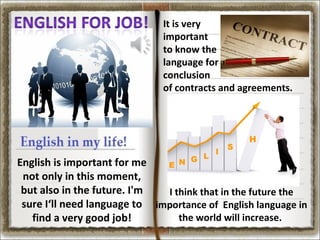 It is very
important
to know the
language for
conclusion
of contracts and agreements.

English is important for me
not only in this moment,
but also in the future. I'm
I think that in the future the
sure I‘ll need language to importance of English language in
the world will increase.
find a very good job!

 