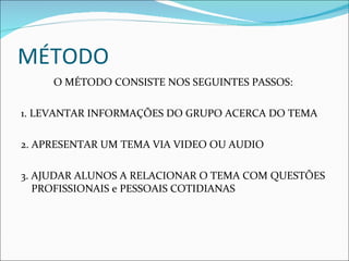 MÉTODO O MÉTODO CONSISTE NOS SEGUINTES PASSOS:  1. LEVANTAR INFORMAÇÕES DO GRUPO ACERCA DO TEMA 2. APRESENTAR UM TEMA VIA VIDEO OU AUDIO 3. AJUDAR ALUNOS A RELACIONAR O TEMA COM QUESTÕES PROFISSIONAIS e PESSOAIS COTIDIANAS 