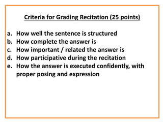 Criteria for Grading Recitation (25 points)
a. How well the sentence is structured
b. How complete the answer is
c. How important / related the answer is
d. How participative during the recitation
e. How the answer is executed confidently, with
proper posing and expression
 